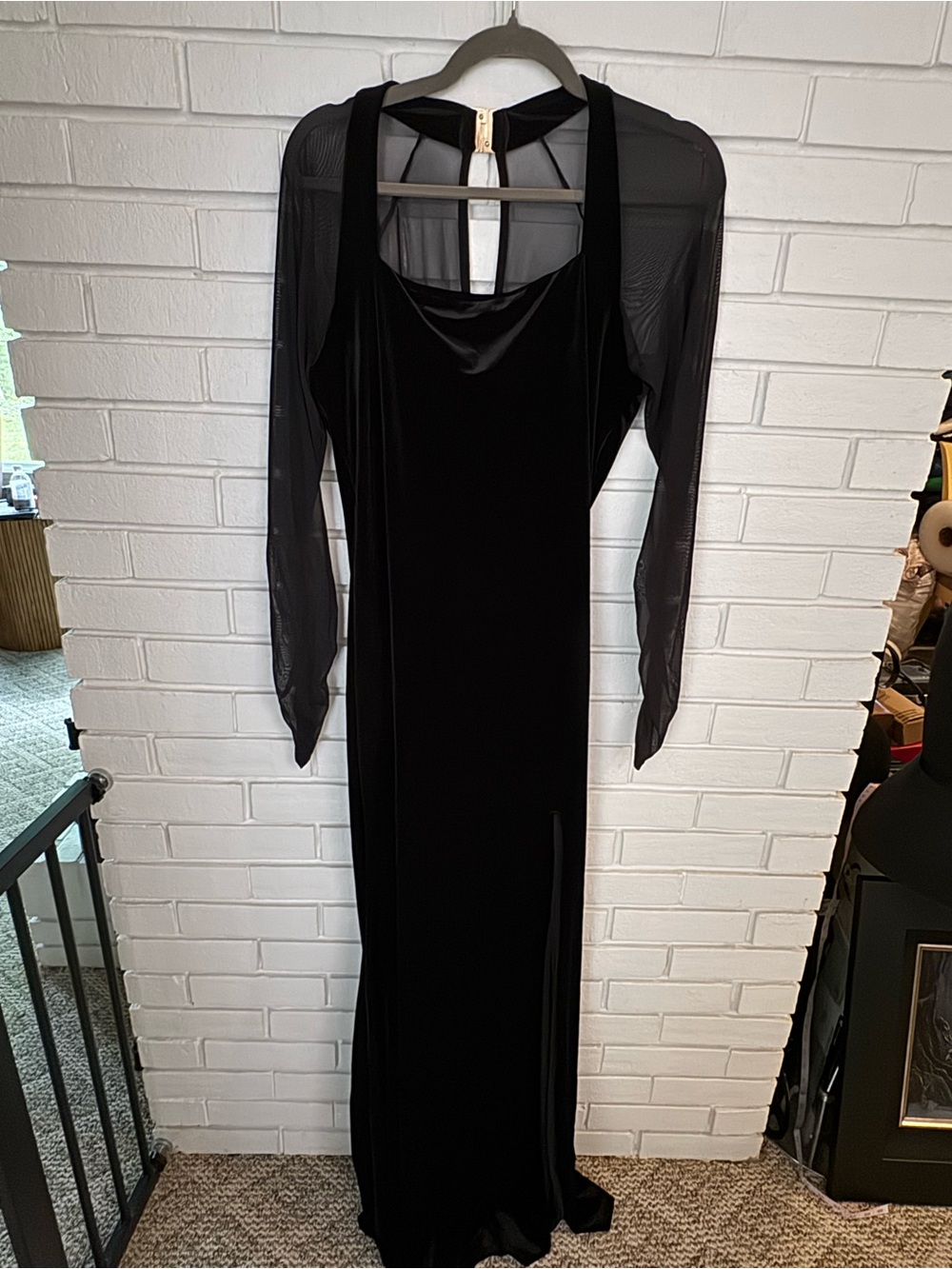 Club L London Black Velvet Maxi Dress with Sheer Sleeves